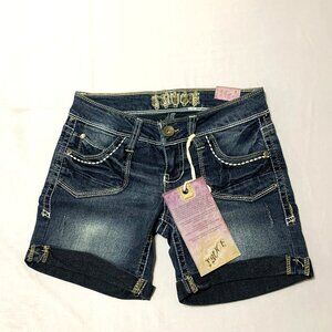 NWT TRUCE Dark Wash Denim Shorts Women Rolled Cuffs Distressed Size 1